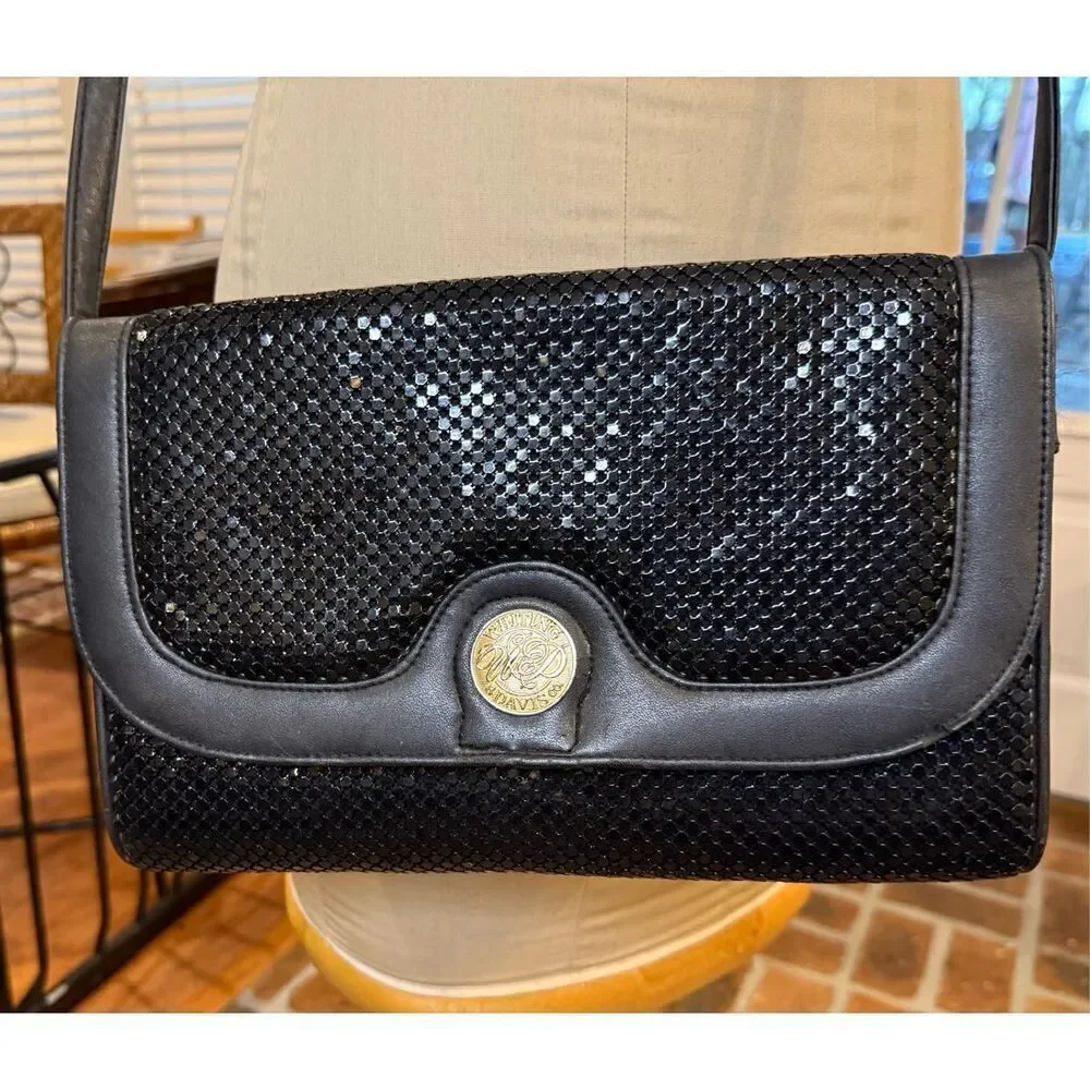 Whiting & Davis Black Metal Mesh Shoulder Strap/Clutch Crossbody Bag